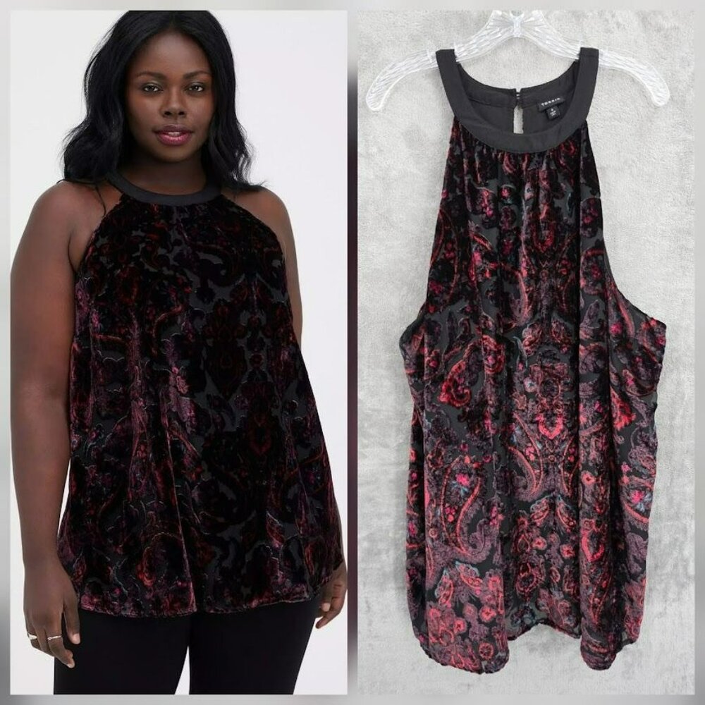 Torrid Halter Tunic Tank 4 Burnout Velvet Paisley Black Red Whimsy Goth Witchy